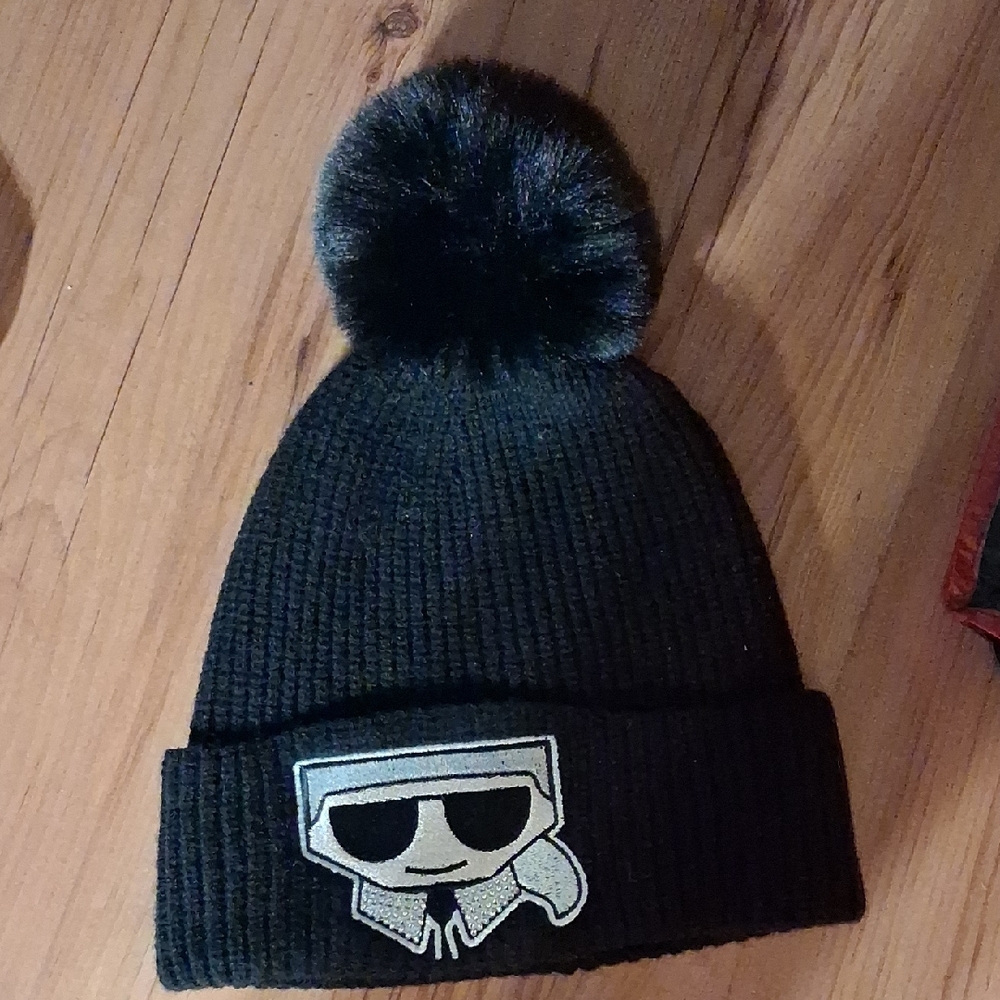 Karl Lagerfeld Womens Black Beanie with Pom-Pom